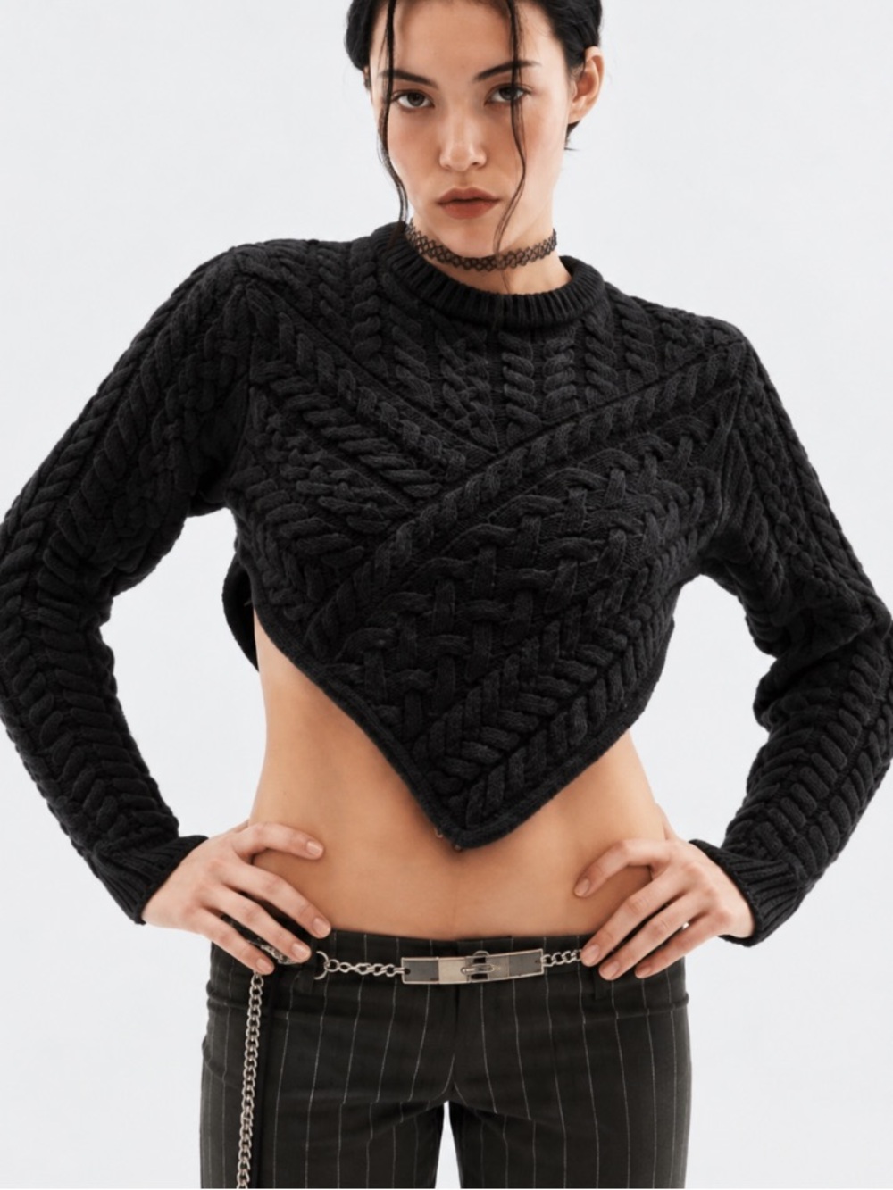 Miaou Vela Wool Cable Knit Sweater Assymetrical Cropped Hem Small Black
